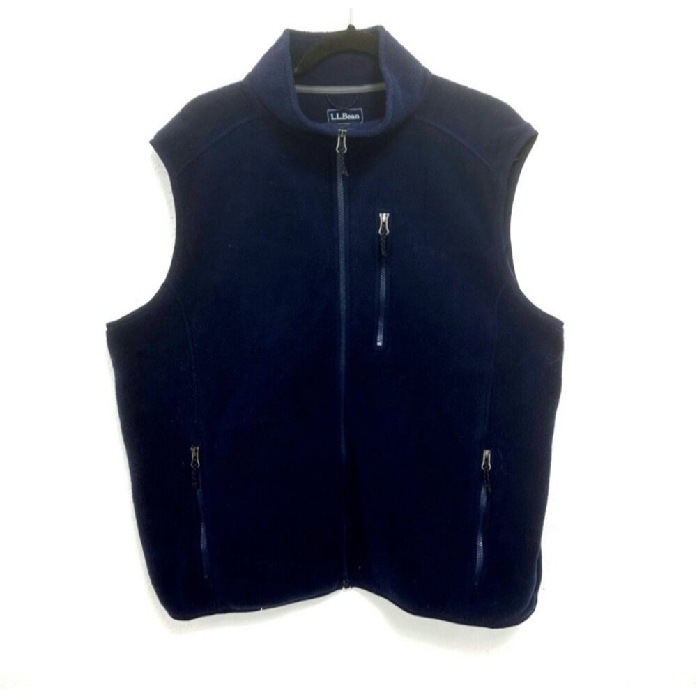 LL Bean Dark Blue Fleece Vest Jacket Mens XL Hiking USA Full Zip Pockets